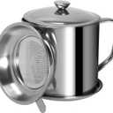 Tellshun Bacon Grease Container with Strainer 1.25 L / 42 oz Strong Kitchen Catcher Food-grade Stainless Steel Cooking Oil Keeper with Lid and Easy-Grip Handle Suitable for Storing Frying Oil