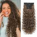 REECHO Curly Hair Extensions, 4PCS 24 inch Clip in Hair Extensions Lace Weft Short Curly Extensions Clip Ins Invisible Natural Hairpieces for Women, Light Brown