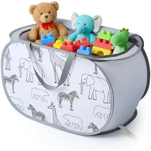 Seefoo Foldable Toy Storage Basket with Zipper Lid & Handles - Collapsible Stuffed Animal Organizer Bin, Space-Saving Lightweight Toy Chest for Kids Room, Playroom, Living Room - Animal Print, Gray