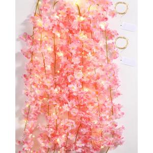 Jutom 4 Pcs 23.6 ft Cherry Blossom Flower Garland with String Light Artificial Hanging Silk Pink Flower Vines Garland for Wedding Bedroom Spring Home Party Kawaii Japanese Decor