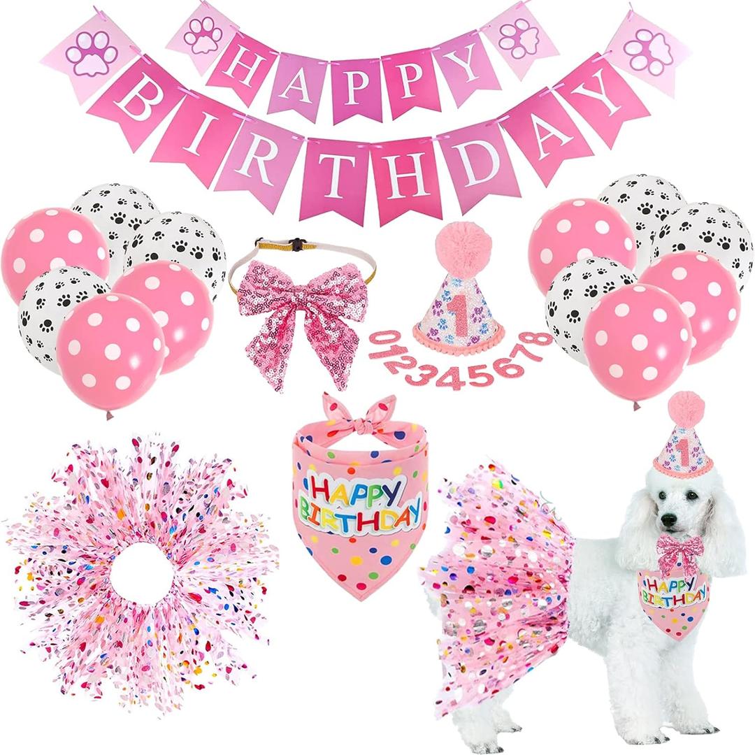 Dog Birthday Bandana Hat Girl Dogs Birthday Party Supplies Red Bowtie Dogs Tutu Skirt for Girl Dog Birthday Decorations (Pink)