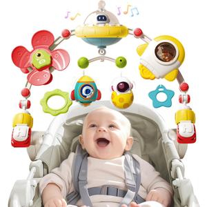 Musical Baby Stroller Arch Toys, Travel Car Seat Toys, Baby Play Arch Crib Accessory Toys, Mobile for Bassinet, Pram Activity Arch Bar Toys for Babies Infants (Space Yellow)
