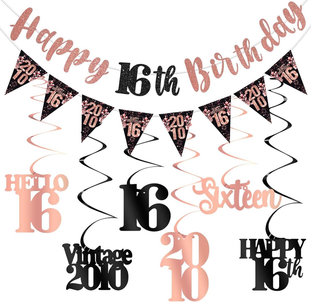 16th Birthday Decorations for Girls, Black Rose Gold Happy 16th Birthday Banner Vintage 2010 Hello 16 Decorations Kit Hanging Swirls Sixteen Year old Bday Party Supplies
