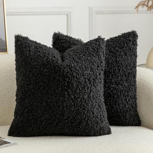 Pack of 2 Curly Teddy Wool Faux Fur Throw Pillow Covers Fuzzy Accent Soft Sherpa Pillowcases Sheepskin Fleece Decorative Cushion Case for Sofa Couch Living Room 16x16 Inch Black