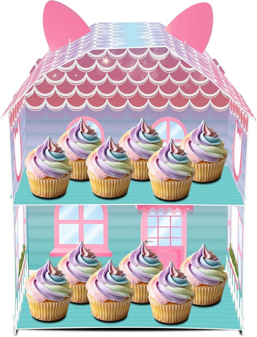 HOMEZZO 1PC Cat House Theme 2-Tier Cupcake Stand, Color Gradient Design Kitty Party Decorations for Kids' Birthdays Baby Showers and Cartoon Cat Birthdays