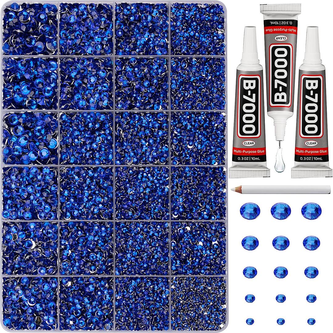 33000Pcs Royal Blue Rhinestones for Bedazzling, Assorted Sizes 2,3,4,5,6mm Flatback Gems Bedazzler Kit with B7000 Glue, Flat Back Resin Crystal Diamond Gemstone Rhine Stone for Craftings Clothes
