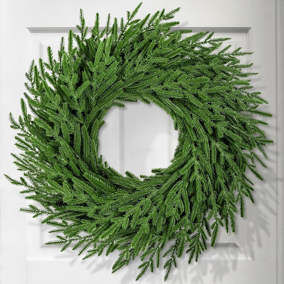 24 Inch Christmas Wreath for Front Door, Norfolk Pine Wreath for Home Porch Window Wall Farmhouse Decor Indoor Outdoor, Green Wreath Christmas Decor Wreath, Inner Ring Size 8 Inch