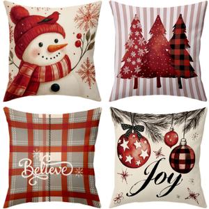 BBOLDIN Classic Christmas Throw Pillow Covers 18x18 Couch Cushion Covers, Xmas Holiday Tree Snowman Decorations for Bedroom Home, Country Striped Farmhouse Plaid Pillow Cases Winter Decor Set of 4