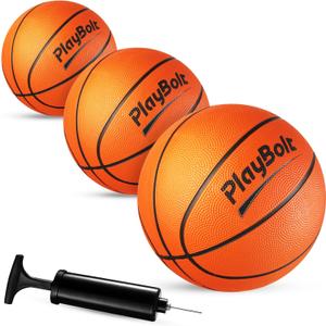 PlayBolt Size 3 Mini Basketballs (3 Pack) - 7-Inch Junior Rubber Basketball Set with Pump - Youth Beginner Kids Basketballs for Backyard Pool Parties, Arcade Games, Practice, Indoor & Outdoor Play (Orange)