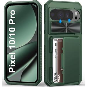 for Google Pixel 10 & 10 Pro Case Wallet with Card Holder (4-5 Cards), Slide Camera Lens Cover, Military Grade Protection, Heavy Duty Men Women Durable Phone Case for Pixel 10 & 10 Pro, Green