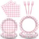 80 Pcs Pink Plaid Party Supplies Scalloped Paper Plates and Napkins Pink and White Plaid Disposable Tableware Checkered Party Decorations for Girls Women Birthday Picnic BBQ Baby Shower Serves , there are no forks