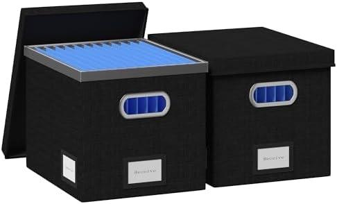 GRSQYS File Organizer Box - File Boxes for Hanging Files with Lid Set of 3 Decorative Hanging Folders Organizer with One-Piece Plastic Frame Slides (Black, 13.2 * 10.1 * 10.1in(2Pack))