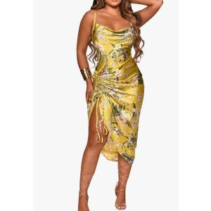 Women's Spaghetti Strap Satin Dress Sexy Backless Drawstring Ruched Split Hem Cocktail Evening Party Size M