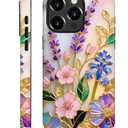 CARLOCA for iPhone 15 Pro Compatible with Magsafe Full Body Protective Glossy Case, for Girl Boy Shockproof Magnetic Charge Esthetics Pattern Golden Lavender Flowers White Marble Stained Glass