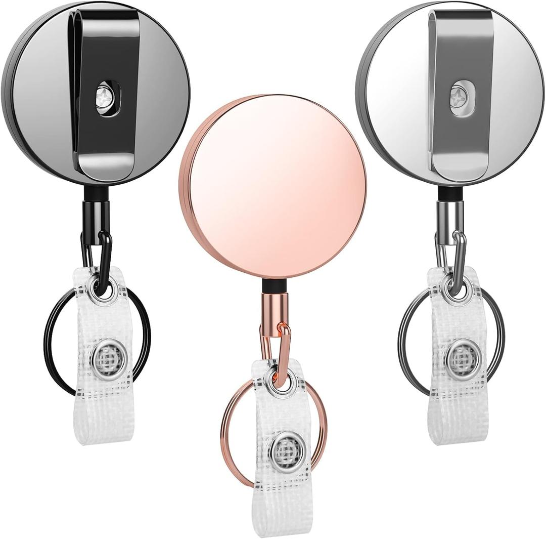 Selizo Metal Badge Reels - 3 Pcs Retractable Badge Holder with Belt Clip Key Ring for ID, Key, Name Card Holder (Glossy Black, Rose Gold, Silver)