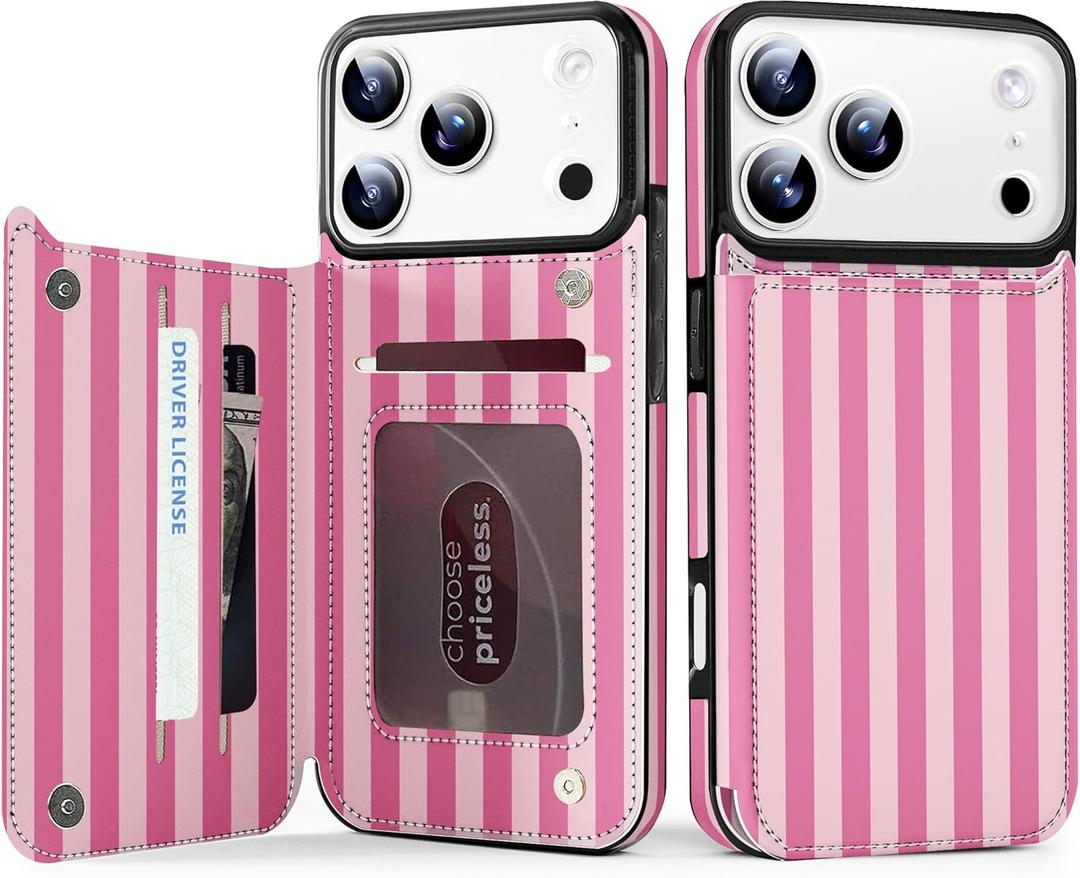 for iPhone 17 Pro Wallet Case with Card Holder, Military-Grade Drop Protection, Flip PU Leather Built, Double Magnetic Clasp and Durable Shockproof for iP17 Pro 6.3Inch Cover-Stripes (Pink)