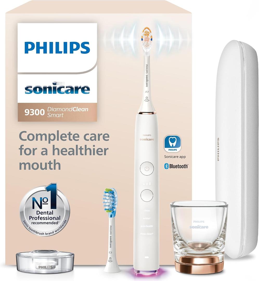 Philips Sonicare DiamondClean Smart 9300 Electric Toothbrush - Sonic Toothbrush with App, Pressure Sensor, 12 Brushing Settings, Replacement Reminder, Travel Case, Rose Gold, Model HX9903/65