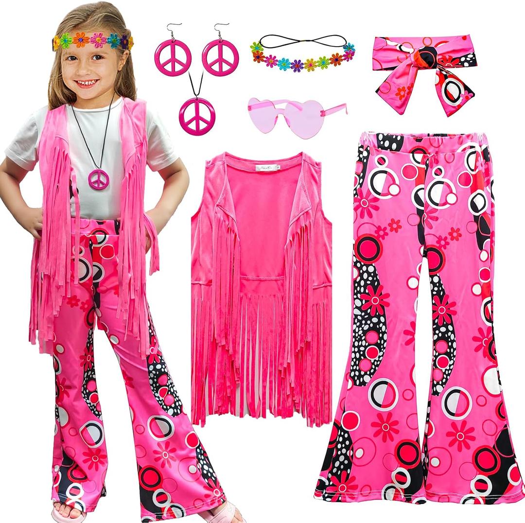 8 Pcs Girls Kids 60s 70s Hippie Costume Disco Outfits Fringe Vest Boho Bell Bottoms Hippie Outfits Accessories Set, Pink (Large,9-10 Years)