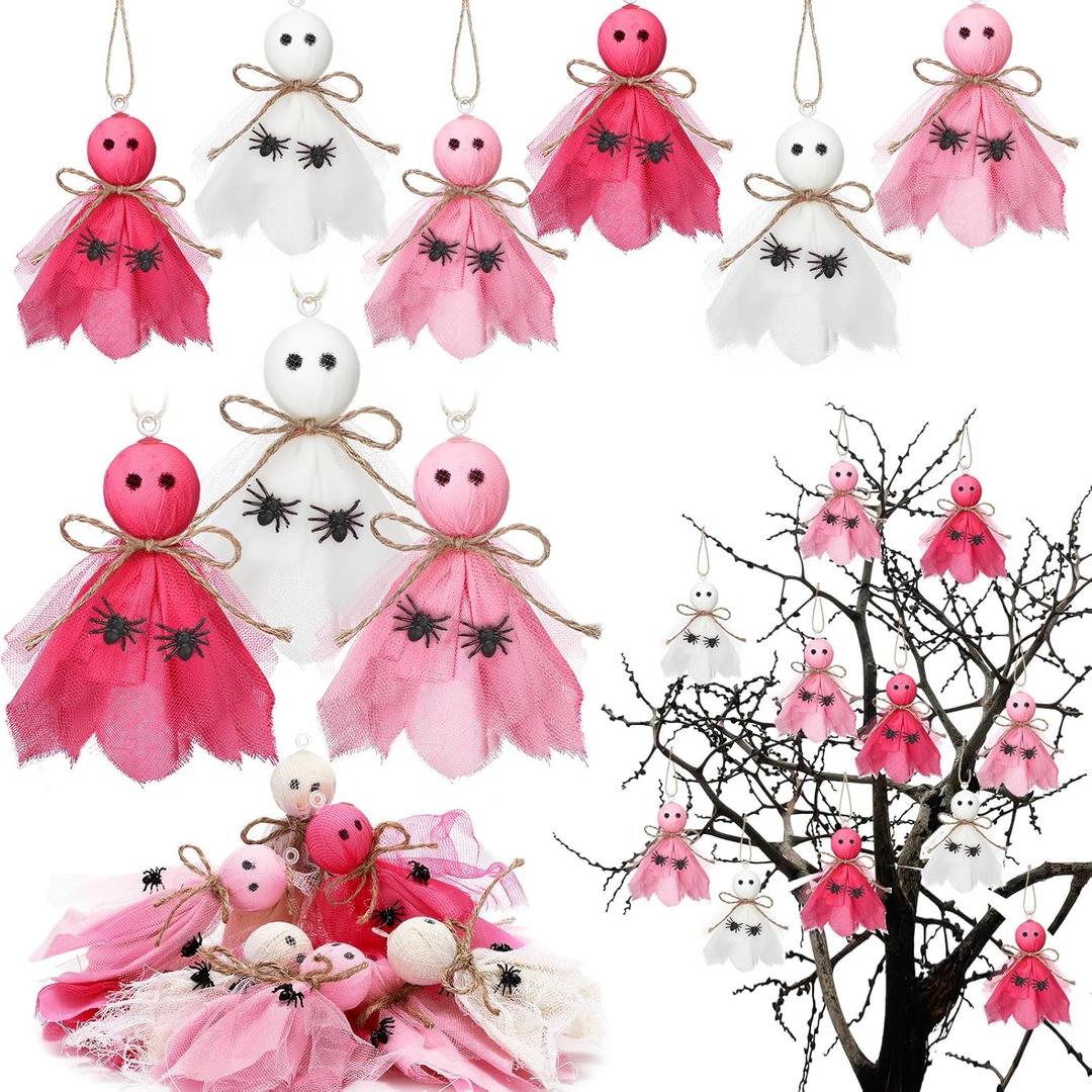 Syhood 12 Pcs Halloween Hanging Ornaments Pink Ghost Ornaments for Halloween Tree Decorations Fabric Pink and White Ghosts Decorations for Christmas Tree Home Mantel Banner Craft Party Supplies