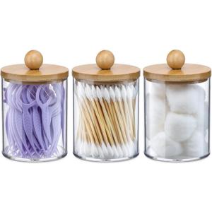 3 Pack Qtip Holder Dispenser with Bamboo Lids - 10 oz Clear Plastic Apothecary Jar Containers for Vanity Makeup Organizer Storage - Bathroom Accessories Set for Cotton Swab, Ball, Pads, Floss