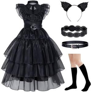 MGparty Girls Black Costume Halloween Cosplay Dress with Headband Belt Socks for Kids, Size 130