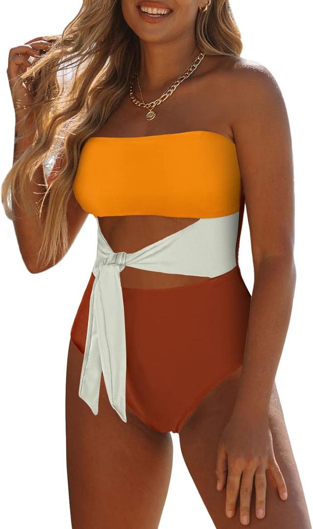 Viottiset Women's Bandeau One Piece Swimsuit Strapless Tie High Cut Out Bathing Suit (M)