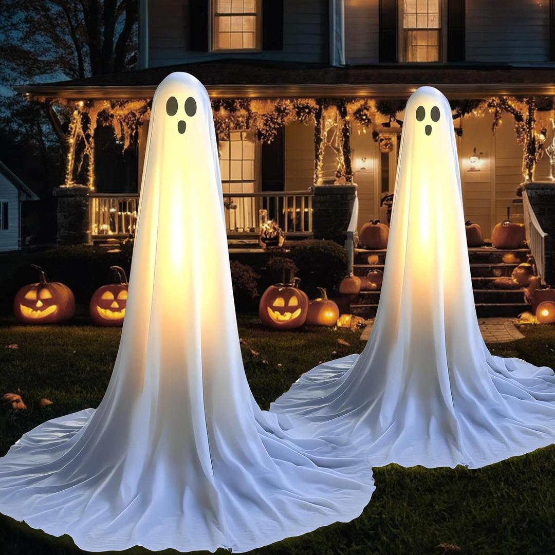 Evoio Halloween Decorations Outdoor 2 Packs 57'' Standing Ghost Adjustable Height, Light Up Spooky Halloween Decor with Built-in LED, Indoor Outside Yard Porch Lawn Party Supplies Decors (Warm White)