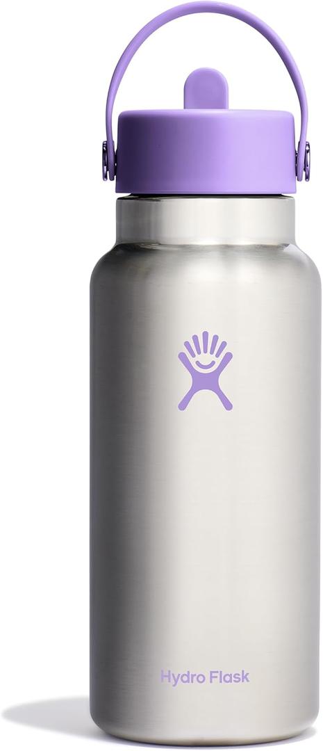 Hydro Flask Water Bottle - Insulated Stainless Steel - Wide Mouth Flex Straw Lid, Non Spill, Leakproof and Refillable in 32 Oz Stainless Steel Violet