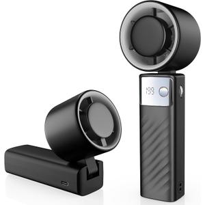 Portable Handheld Turbo Fan - Foldable Mini Fan with Air Turbo Tech, 1-199 Speed Adjustment, 20H Runtime, LED Display, Battery-Powered for Indoor/Outdoor Use, Dark Black
