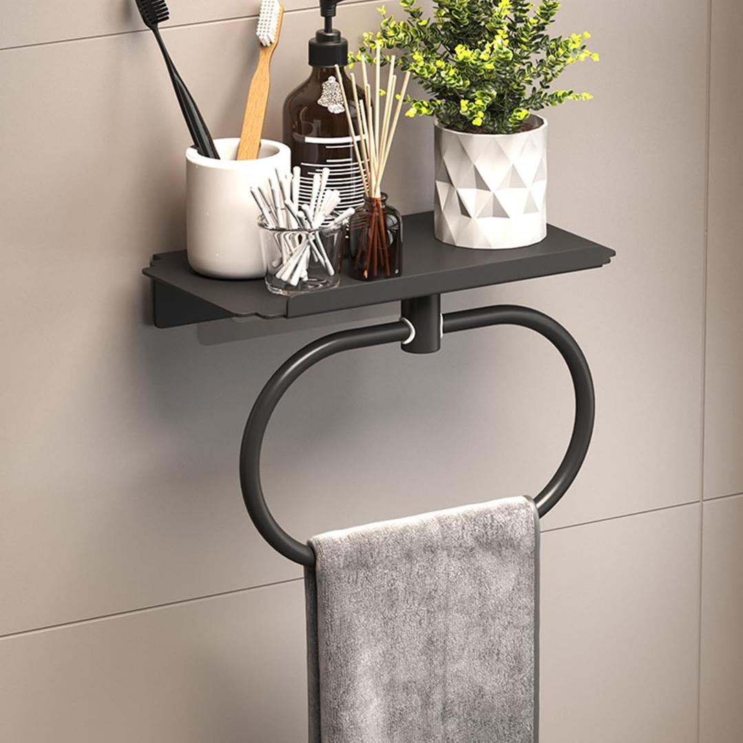 Modern Wall Mounted Towel Rack with Storage Shelf, Black Metal Bathroom Towel Bar, Space-Saving Bathroom Accessories