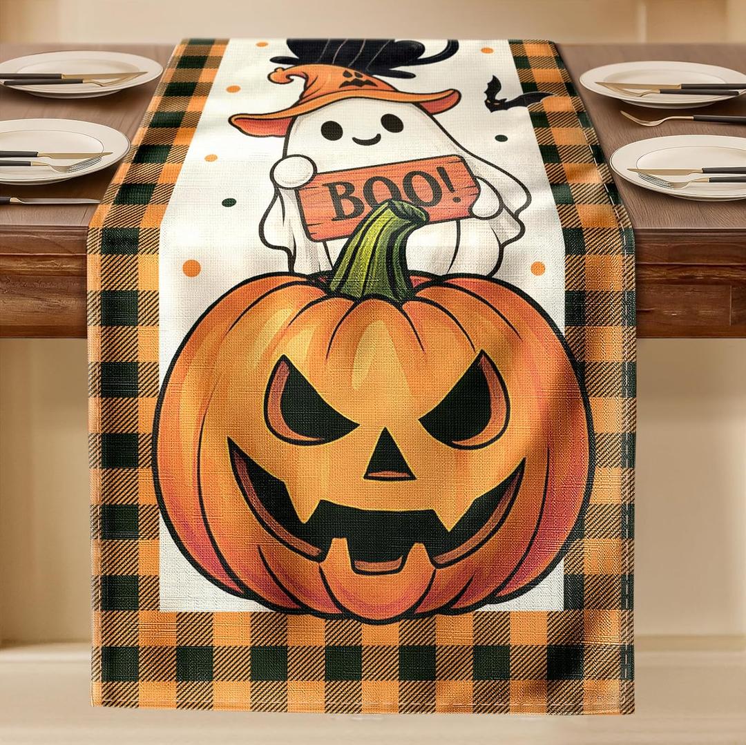 2 x Boo Ghost Halloween Table Runner - 13"72" Plaid Halloween Table Runner with Ghost Pumpkin Black Cat Bat for Fall Festive Decor, Seasonal Fall Decorations for Home Dining Room Kitchen Party