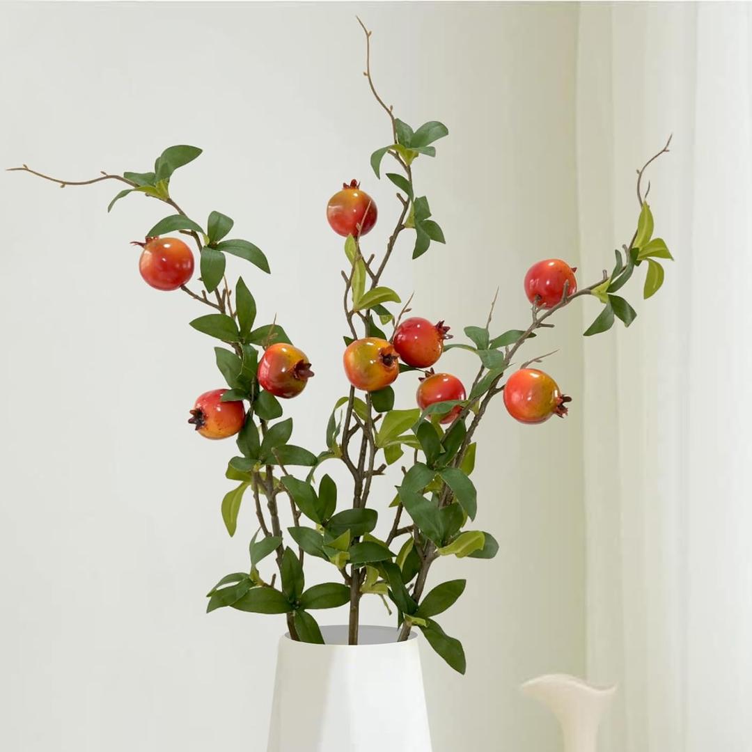 3 Bunches 27.5inch Artificial Pomegranate Branches with Stem Faux Fruit for Vase Realistic Fake Pomegranates Tree Branch for Kitchen Decoration Home Wedding Party Farmhouse Garden Spring Summer Decor