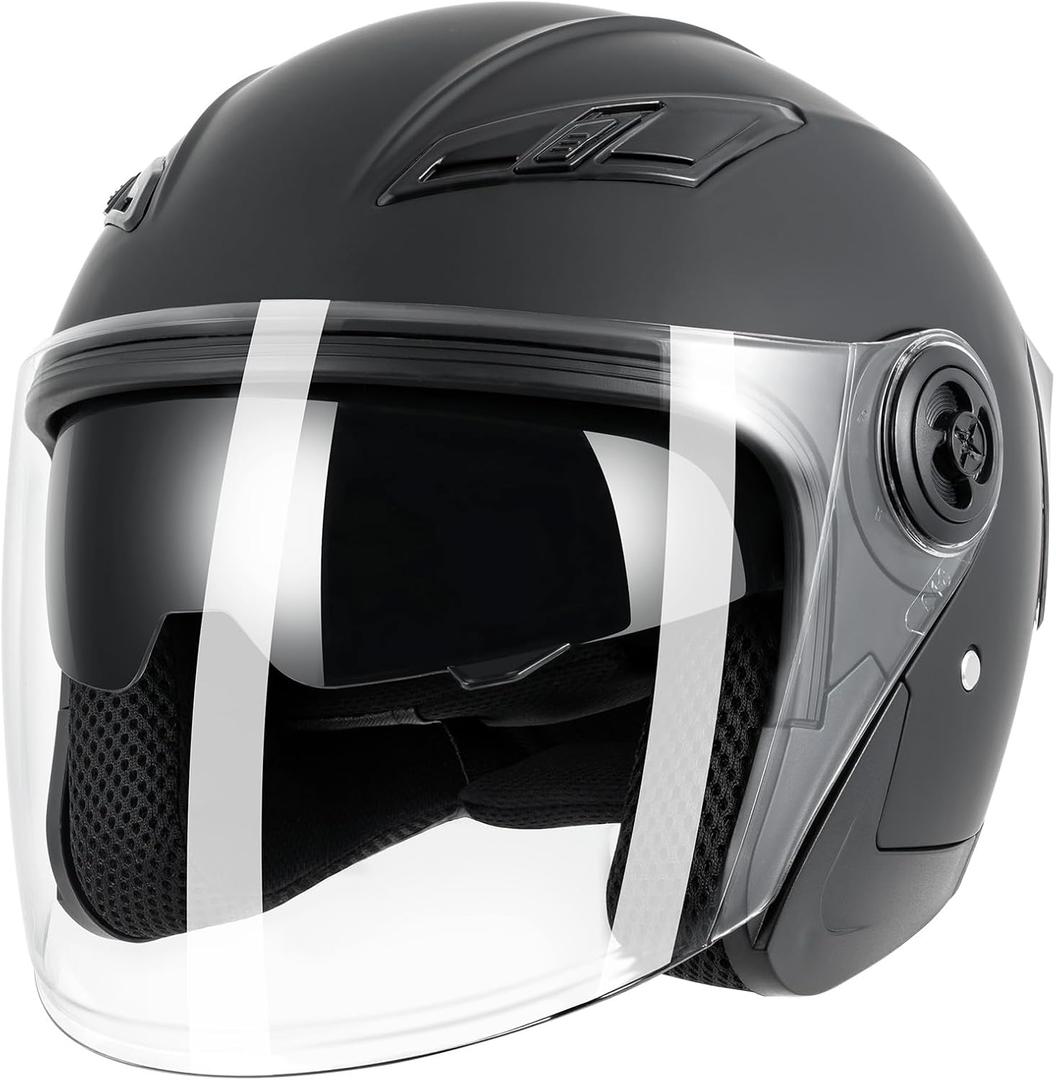 Adult 3/4 Open Face Motorcycle Helmet, Double Visor Motorbike Scooter Ebike Moped Cruiser Helmets for Men and Women DOT Approved (Medium, Black)