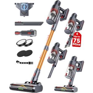 Cordless Vacuum Cleaner, 75Mins/48KPa/580W Self-Standing Stick Vacuum Cleaners for Home, Rechargeable, Lightweight, Anti-Static&Anti-Tangle Brush, for Hard Floor, Carpet, Hardwoods, Pet Hair (Yellow)