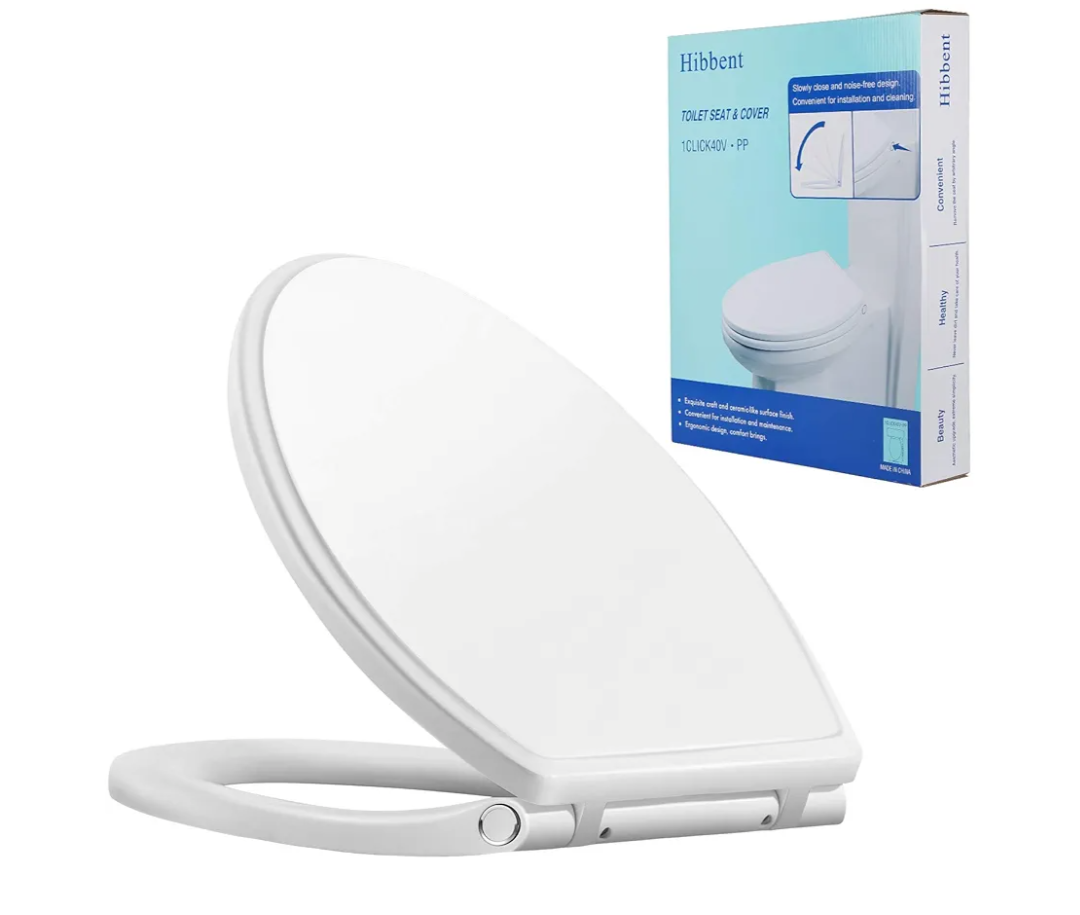 Hibbent Premium Elongated Toilet Seat with Cover Quiet Close, One-Click to Quick Release, Easy Installation Non-Slip Seat Bumpers, Slow Close Toilet Seat and Cover, Easy Cleaning-White Color,