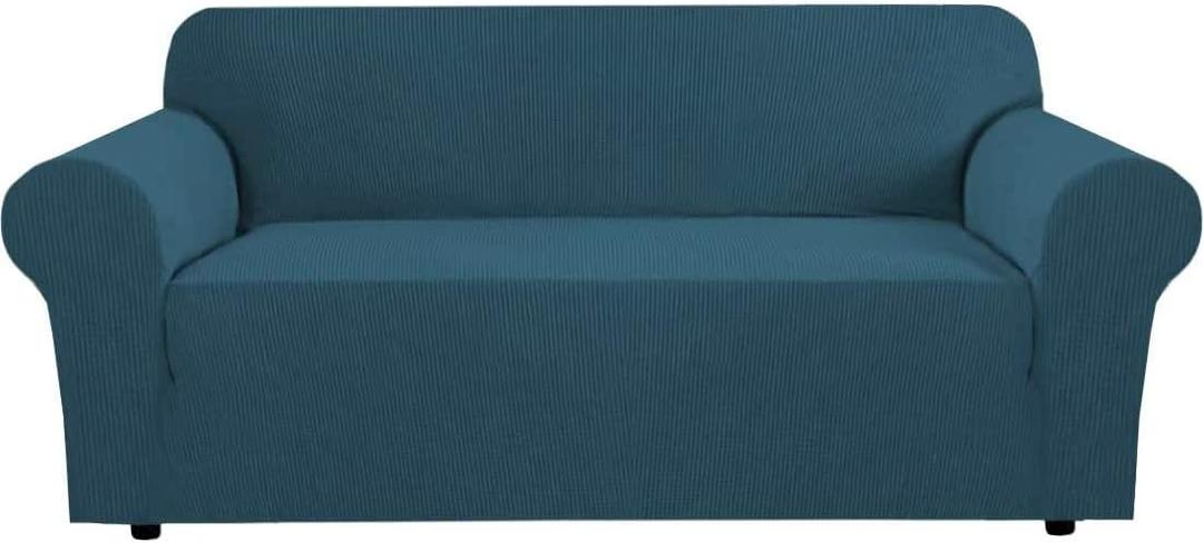 H.VERSAILTEX Stretch Couch Covers for 3 Cushion Couch Sofa Slip Covers for Living Room Feature Thick Checked Jacquard Fabric with Elastic Bottom, Sofa Large - Deep Teal
