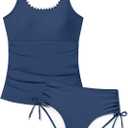 Girls Swimsuit Tankini Two Piece Bathing Suit Square Collar Cross Back Swimwear with Printed Drawstring Bottoms 9-16Y (Blue)