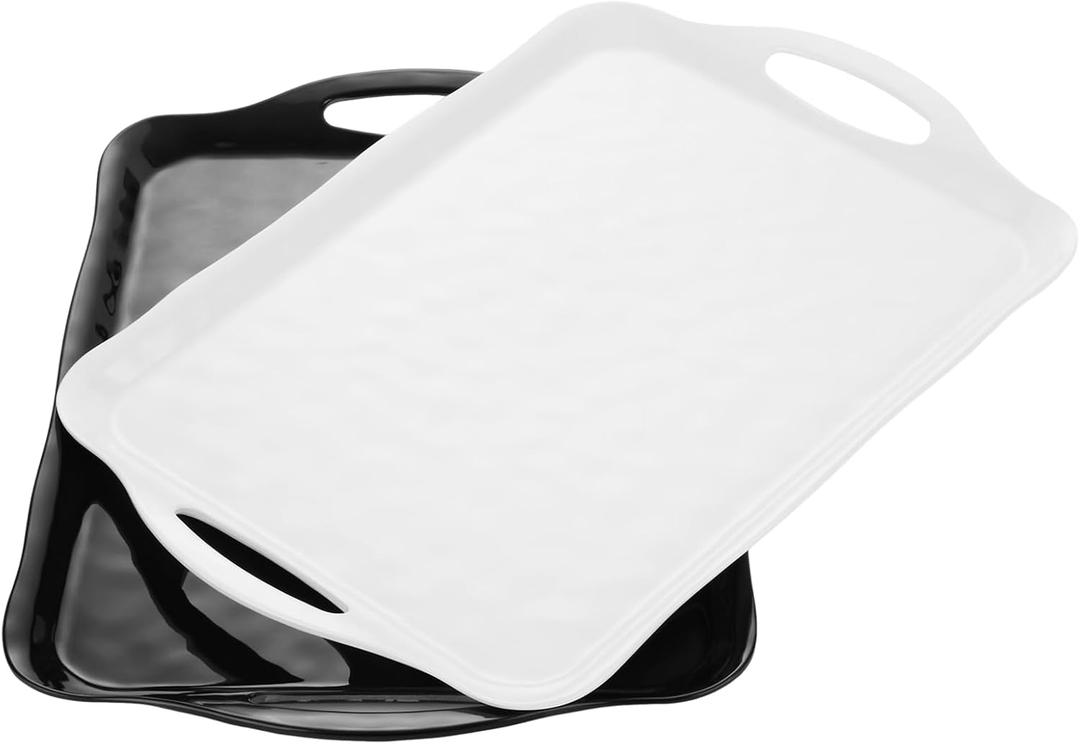 2 Pack Large Serving Trays with Handles, 17" x 12" Melamine Serving Platters for Food, Turkey, Set of 2 Rectangular Trays for Party(White and Black)