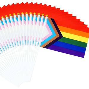 50 Pcs Progress Pride Flags Decorations LGBTQ Accessories Gay Pride Flag Rainbow Flags Stuff Hand Held Stick Small Flags Bulk for Parade Rainbow Festival Party