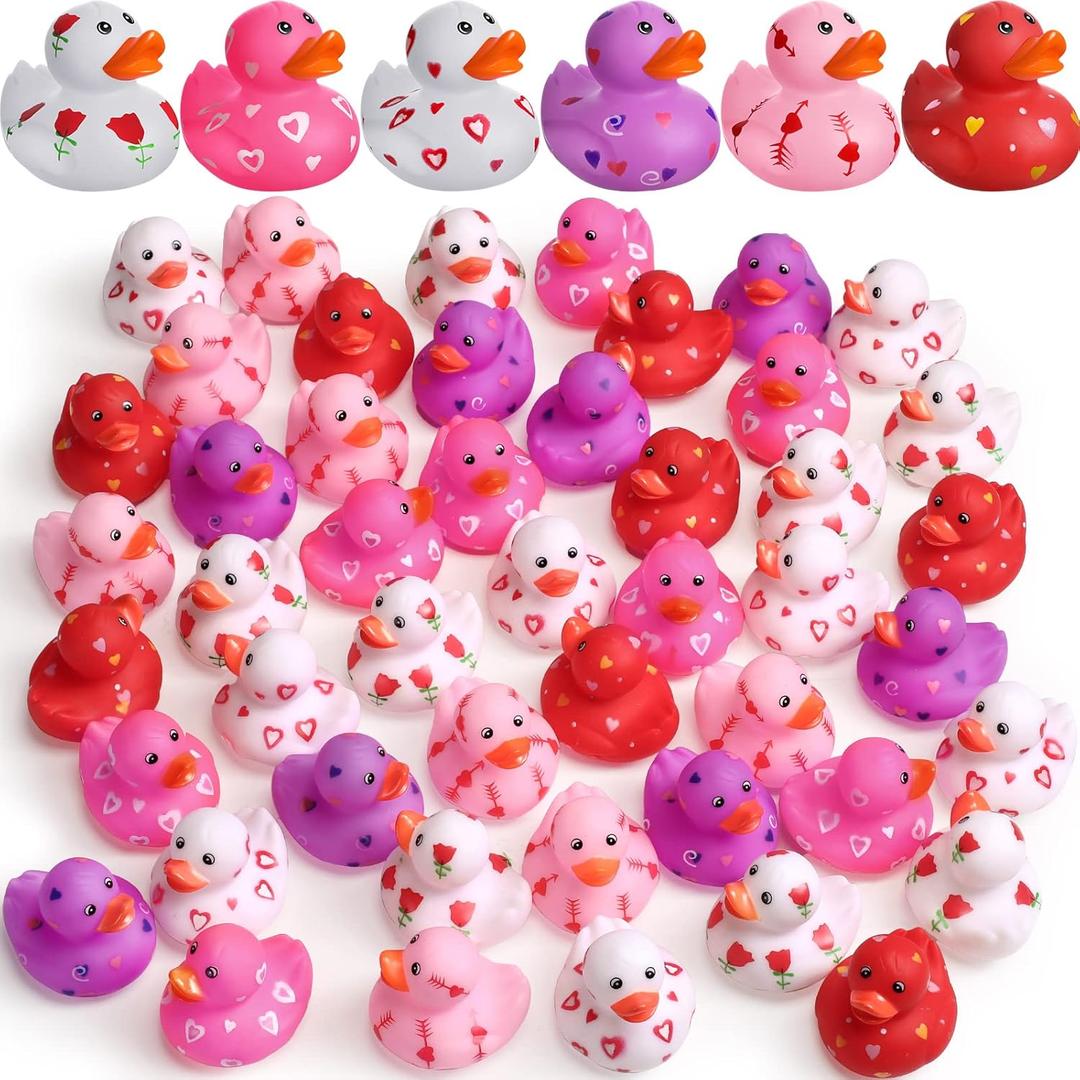 Jerify 72 Pcs 2 Inch Valentine's Day Rubber Duckies Bulk Mini Heart Rubber Ducks for Kids Bathtub Toys Classroom Prizes Birthday Wedding Party Favors Gifts Goodie Bag Fillers, 6 Styles (Cute)