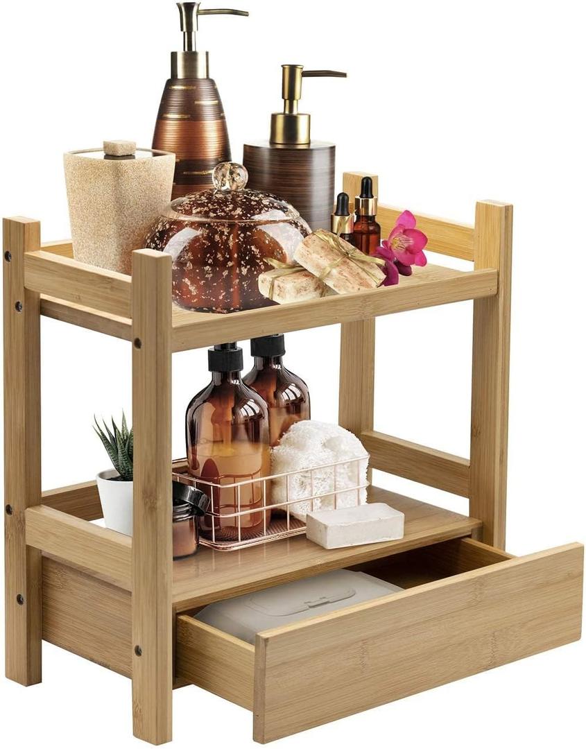 Sorbus 2-Tier Bamboo Countertop Shelf with Hidden Drawer - Makeup Organizer - Multi-Purpose Storage for Skincare, Toiletries, Desktop - Display Stand Shelf for Bathroom Vanity Counter, Kitchen, Office