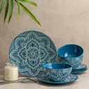 Bzyoo 12-Piece Ceramic Dinnerware Set: La La Mandala Blue Dish Set Design for Every Occasion - Microwave & Dishwasher Safe Stackable Plates Bowls