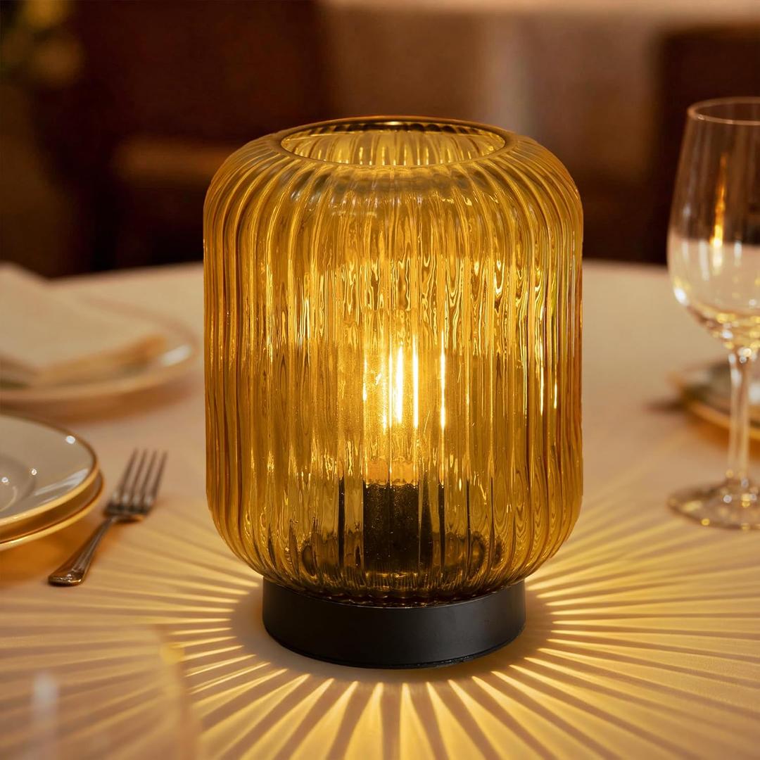 LUSHARBOR Battery Operated Lamp, Cordless Table Lamps for Home Decor, Battery Powered Nightlight with LED Bulb, Decorative Glass Beside Lamp for Bedroom Living Room-Gold