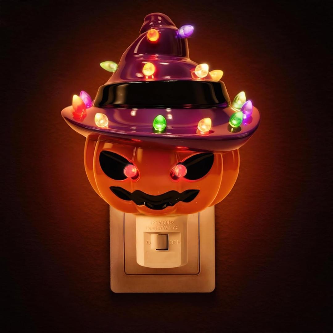 Halloween Decorations, Ceramic Pumpkin in Witch Hat Plug-in Night Light, Vintage Halloween Decorative Night Light with 17 Bulbs, Halloween Decor Indoor for Party Gift Bedroom & Hallway (2-Ceramic Jack O' Lantern)
