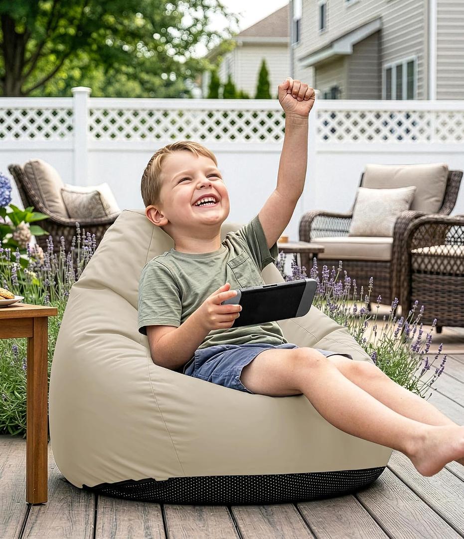 Outdoor Kids Bean Bag Chair - Small Beanbag Sofa with Shredded Foam Filling, Splash-Proof Detachable Zipper Cover with a Handle for Patio Poolside Relaxing, Beige, 2.5 Ft