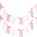 Pink Bow Garlands Banner Decoration, 2 Strings 16PCS Pre-Strung Satin Ribbon Hanging Ornaments for Birthday Baby Shower Girls Nursery Décor Wedding Party Bow Themed Supplies 6.5 Feet