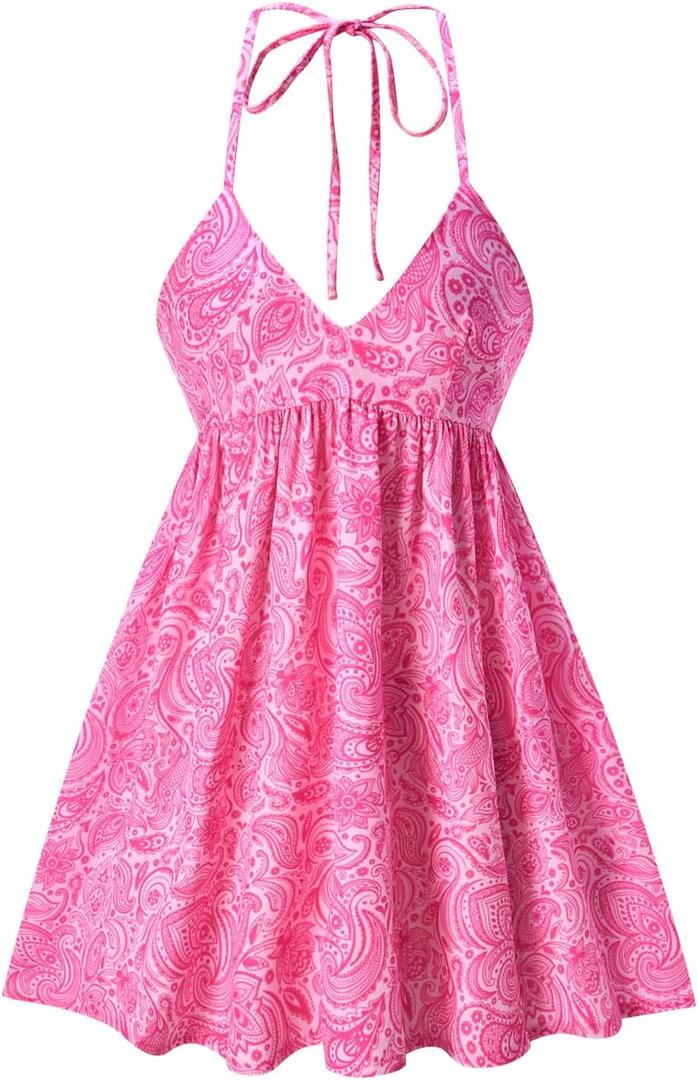 Women's Paisley Halter Mini Dress Summer Tie Backless A Line Flowy Dresses Beach Vacation Clothes (M)