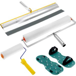 QWORK Self-Leveling Cement Tool Kit, 9" & 20" Spike Rollers with Scraper and Spiked Shoes for Cement, Mortar & Floor Leveling