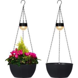 BAYN 2 Packs Solar Hanging Basket Planters for Plants Outdoor, Self Watering Black Flower Plants Pots with Solar Light Drainer for Balcony Patio Garden Outdoor Decoration