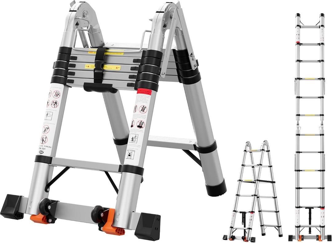 12.5 FT Telescoping A Frame Ladder,Aluminum Extension Ladder,Heavy Duty 330 lbs Max Capacity with Stabilizer Bar&Wheels,Multi-Purpose Portable Collapsible Ladder for Home,Work Silver CE ANSI